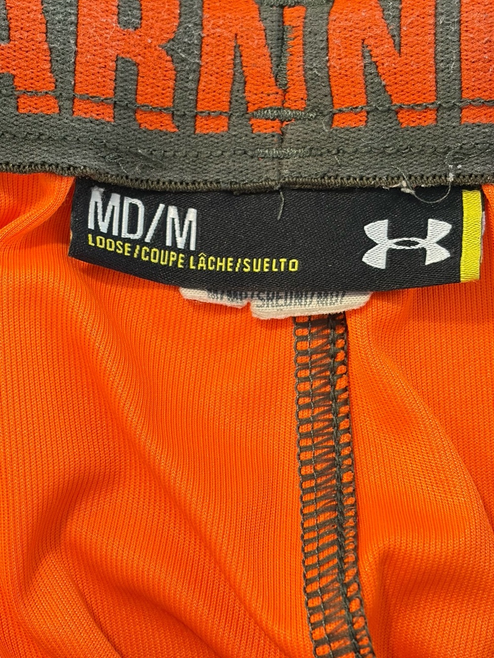 Under Armour Men's Orange Camo Athletic Shorts with Black Side Panel - Picture 4 of 4